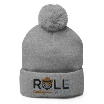 ROLL/ROLE WITH IT Artificer 1 - Black/Gray/Old Gold on Pom-Pom Knit Beanie
