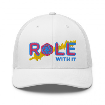 ROLL/ROLE WITH IT Bard 1- Flamingo/Aqua-Teal/Gold on Retro Trucker Hat