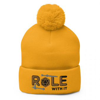 ROLL/ROLE WITH IT Fighter 1 - Old Gold/Black/Gray on Pom-Pom Knit Beanie
