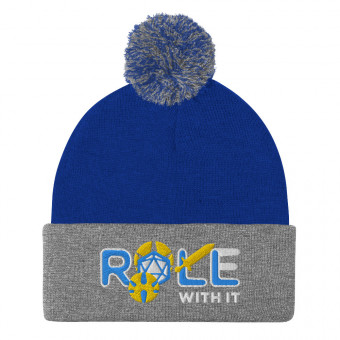 ROLL/ROLE WITH IT Paladin 1 - Aqua-Teal/White/Gold on Pom-Pom Knit Beanie