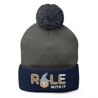 ROLL/ROLE WITH IT Wizard 1 - Old Gold/White/Gray on Pom-Pom Knit Beanie